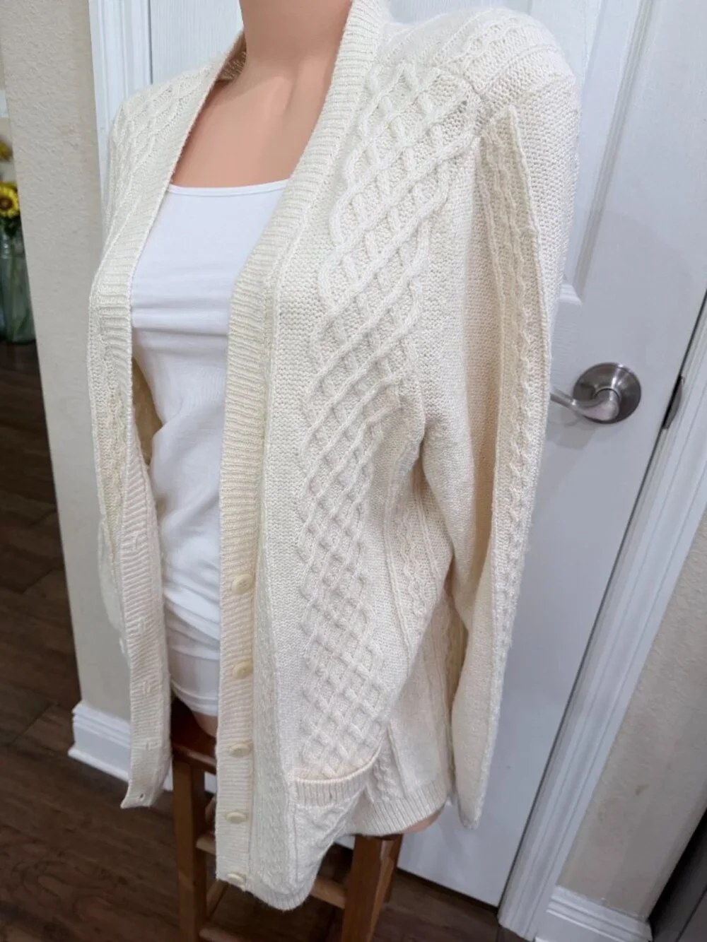 Talbots Petites XL Cream Cable Knit Cardigan Cotton Button Front Preppy